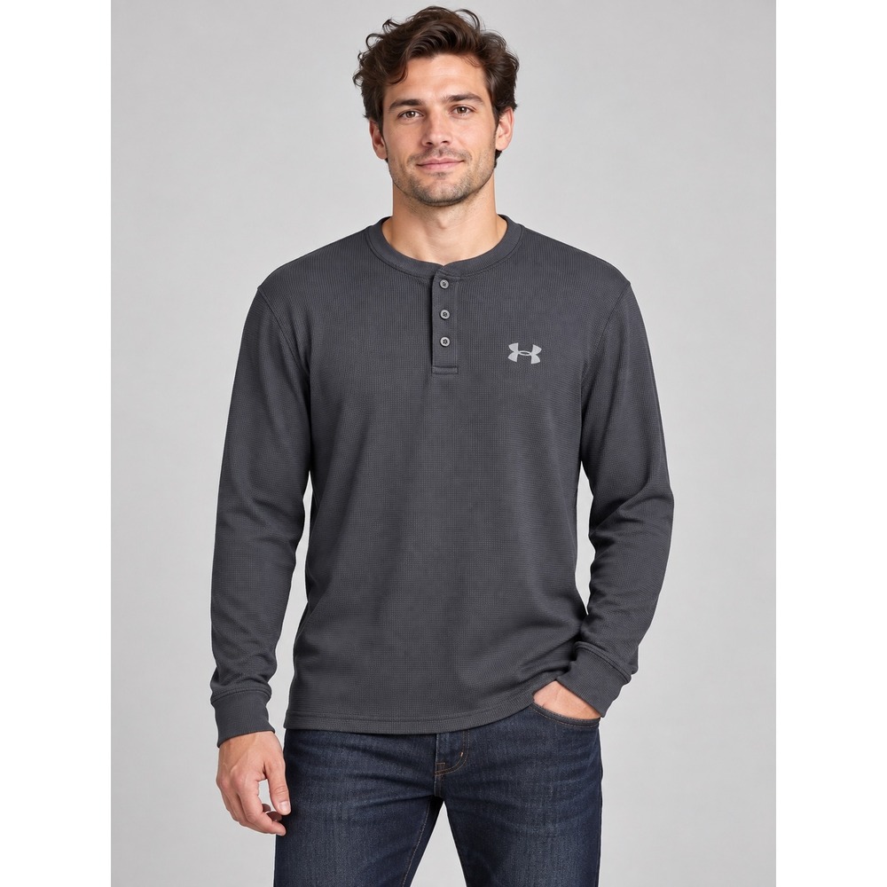 Under Armour Mens Waffle Knit Henley Shirt Gray Long Sleeve Loose Fit Medium
